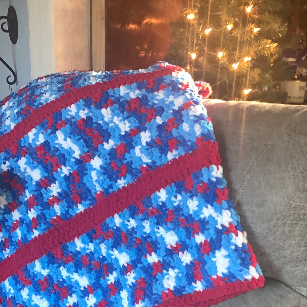 Colorful Red White Blue Handmade Crochet Blanket Afghan Apprx. 50x52 inches